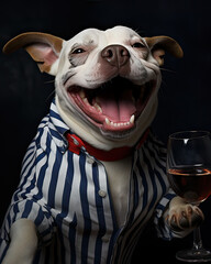 a pitbull dog dancing drinking a bottle of red wine