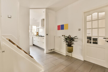 an entry way with white walls and wood flooring on the left side of the room, there is a plant in a pot