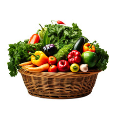 A basket full of fresh agricultural products on a light, transparent background. PNG file