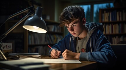 Fototapeta na wymiar Young Male Stressed While Studying at Night with Desk Lamp