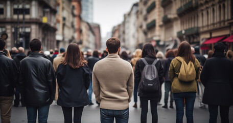 Crowd of people walking on the street. Street protest. Figures of people standing with their backs on the street in the city center
