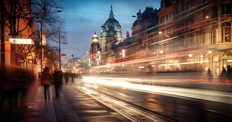 Street view in the city center. Traffic in blur