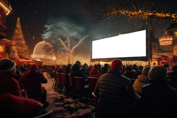 open air cinema in winter. People watching movie in open air movie theater. AI Generated