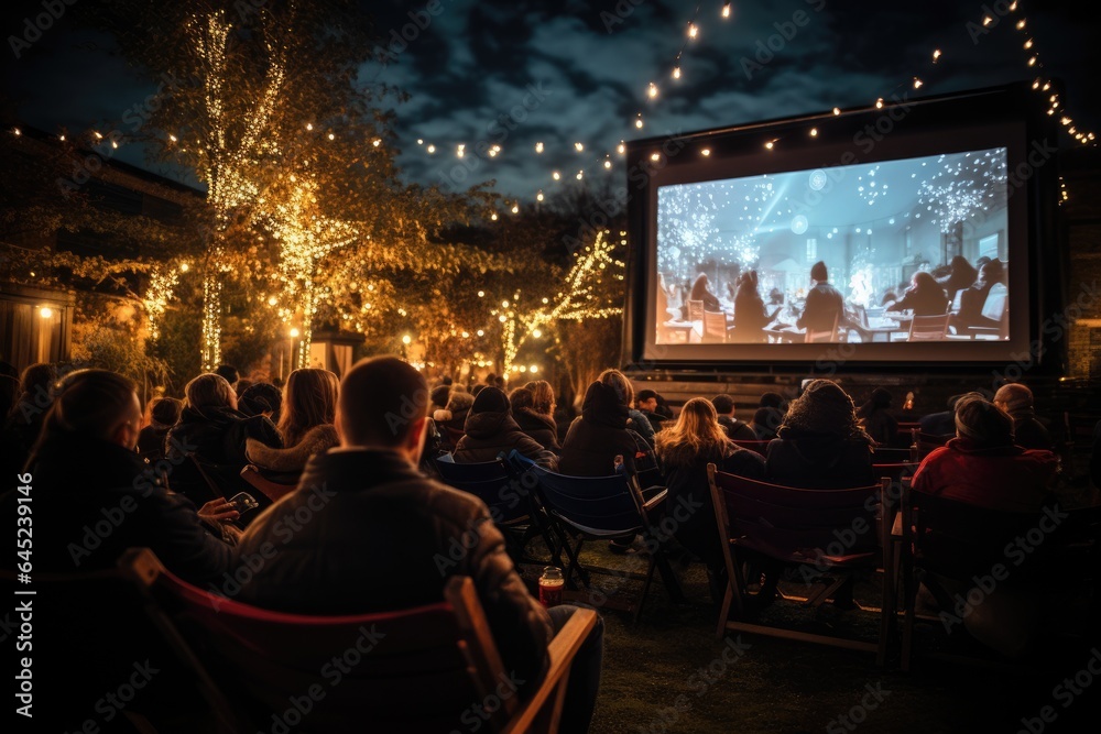 Wall mural open air cinema in winter. people watching movie in open air movie theater. ai generated