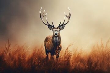 Naklejka na ściany i meble Red deer stag in the autumn field. Noble deer male. Beautiful animal in the nature habitat. Wildlife scene from the wild nature landscape. Wallpaper, beautiful fall background