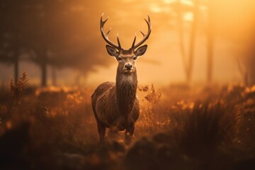 Red deer stag in the autumn forest. Noble deer male. Beautiful animal in the nature habitat. Wildlife scene from the wild nature landscape. Wallpaper, beautiful fall background