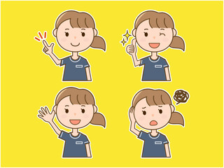 いいねをする_返事をする_ポイントを説明する_頭を抱える美容部員_エステティシャン_制服女性の4ポーズセット