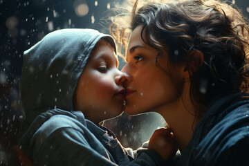 Magical Mother-Baby Connection. Tender Rainy Day Mother Kiss 