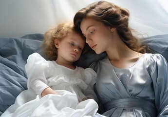Elegant Portrait of Mom and Daughter Lying in Bed