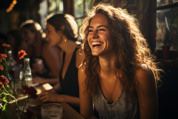 Happy Young Woman Dining with Friends Indoors