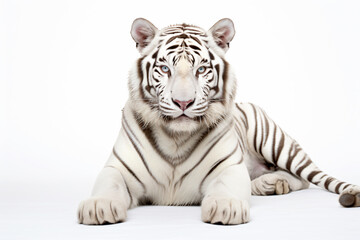 a white tiger laying down on a white surface