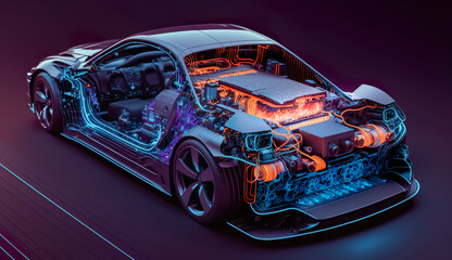 Naklejka premium EV electric car system or futuristic automotive technology with connecting power control.super computer in modern machine.artificial intelligence development.