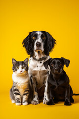 Two dogs and cat on a yellow background. Portrait of a dog and cat.    