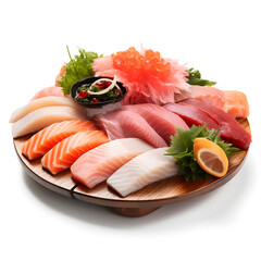 Sashimi platter with salmon, tuna and tuna isolated on white background Ai generate