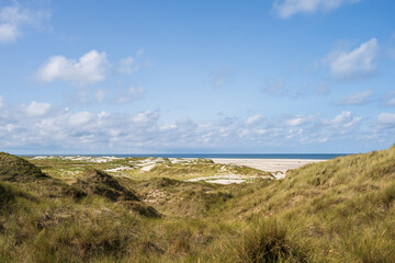 Fototapeta na wymiar Dünenlandschaft auf der Nordseeinsel Amrum mit Blick auf die Nordsee