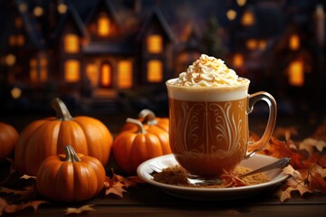 Obraz na płótnie Canvas Spicy pumpkin latte with whipped cream. Cup of coffee and pumpkins on bright orange background. Autumn or winter hot coffee drink with cinnamon