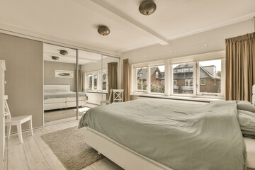 a bedroom with a bed, dresser and mirror on the wall in front of the window looking out onto the street