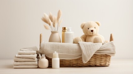 a knitted basket filled with gentle baby cosmetics, bath accessories, and a cuddly teddy bear, all neatly arranged on a white table set against a soothing beige background.