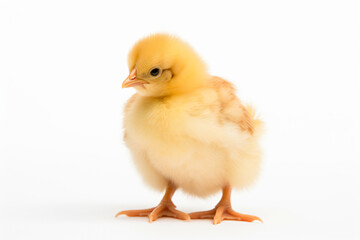 Obraz premium a small yellow chicken standing on a white surface