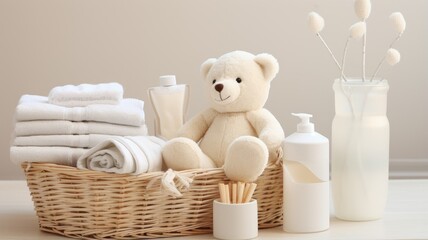 Fototapeta na wymiar a knitted basket filled with gentle baby cosmetics, bath accessories, and a cuddly teddy bear, all neatly arranged on a white table set against a soothing beige background.