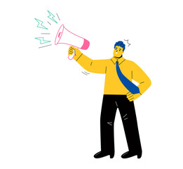 Business man holding megaphone. Concept of big sale, discount, fresh news or new collection for ads or web banners. Flat vector illustration isolated on white background