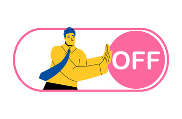 Business man pulling slider or close button. Shut down the system. Turn off. Flat vector illustration isolated on white background