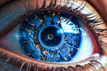 Human eyes that reflect the future. Sparks, inspiration, humans and technology, particles, cyberpunk, metaverse and future prediction. AI, androids and innovation concept. Made with Generative AI