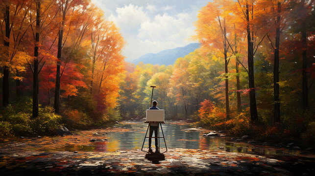 An artist painting a beautiful autumn landscape surrounded by colorful trees