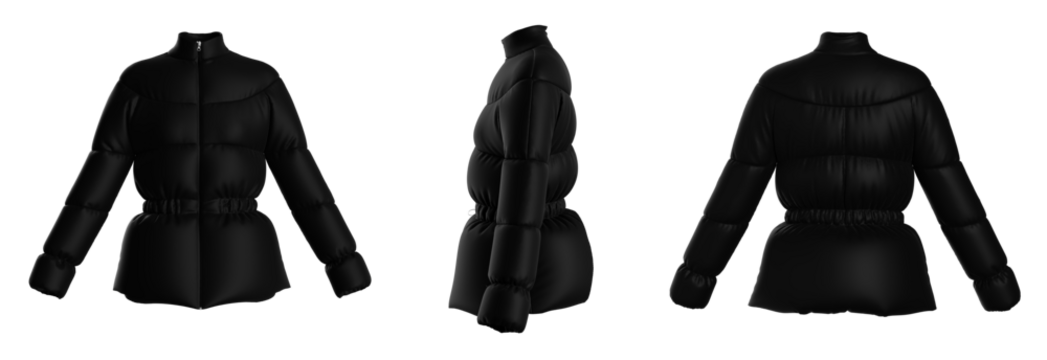 Blank template down jacket with zipped, front and back view. Isolated. Mockup winter jacket