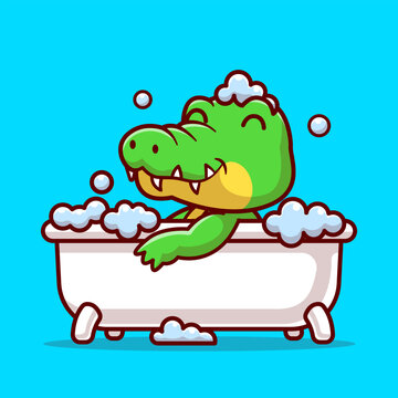 Cute Crocodile Bathing In Bathtub Cartoon Vector Icon 
Illustration. Animal Nature Icon Concept Isolated Premium
Vector.Flat Cartoon Style