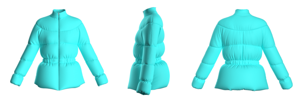 Blank template down jacket with zipped, front and back view. Isolated. Mockup winter jacket