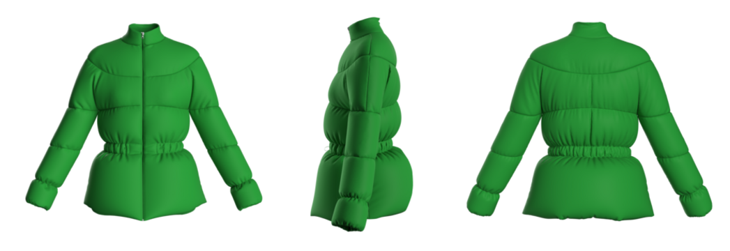 Blank template down jacket with zipped, front and back view. Isolated. Mockup winter jacket