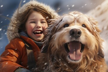 beautiful little girl with her dog on the snow in winterhaving fun, AI Generated