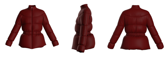 Blank template  down jacket with zipped, front and back view. Isolated. Mockup winter jacket