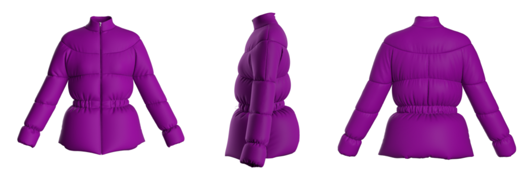 Blank template down jacket with zipped, front and back view. Isolated. Mockup winter jacket