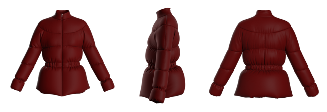 Blank template down jacket with zipped, front and back view. Isolated. Mockup winter jacket