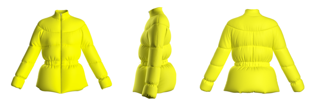 Blank template down jacket with zipped, front and back view. Isolated. Mockup winter jacket