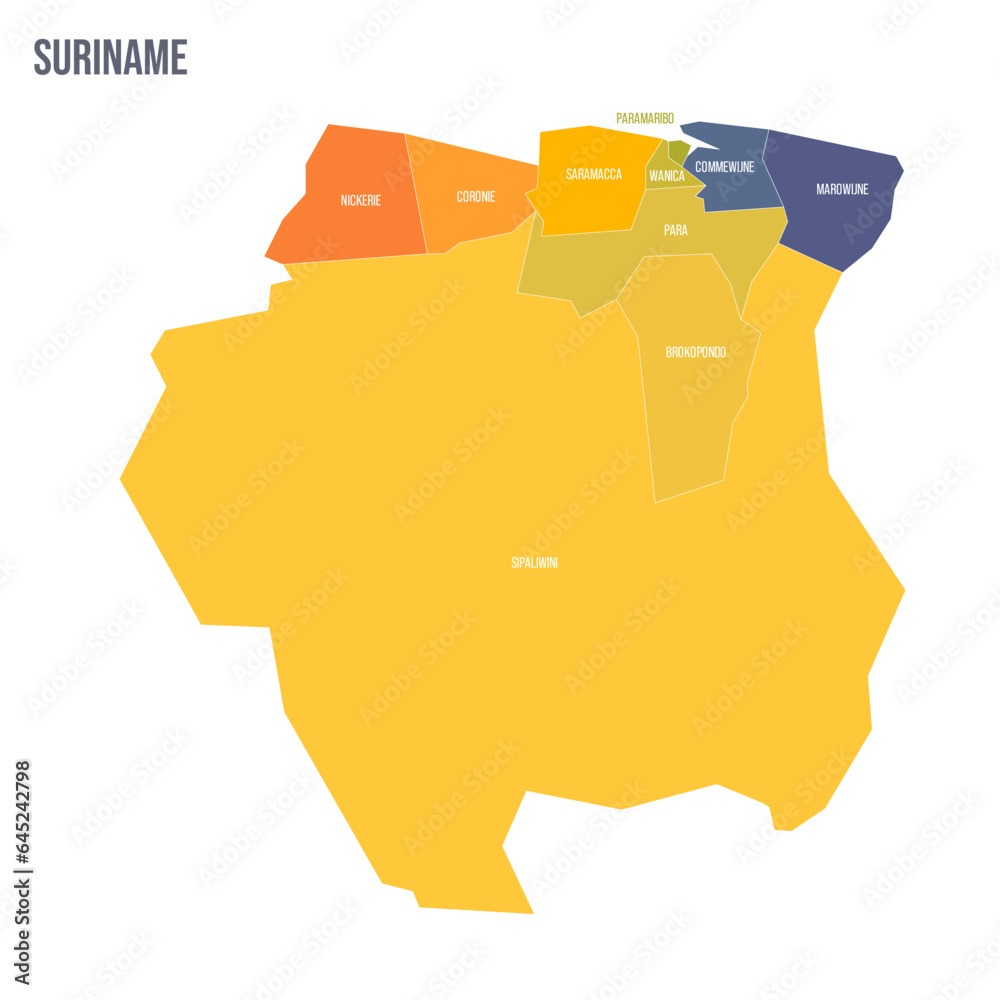 Sticker Suriname political map of administrative divisions - districts. Colorful spectrum political map with labels and country name. - Stickers