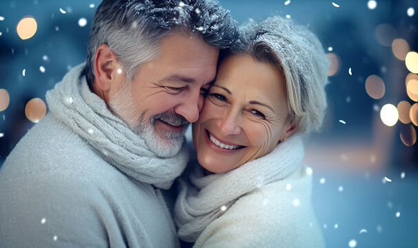 älteres attraktives verliebtes Paar umarmt sich im Winter