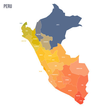 Peru political map of administrative divisions - departments. Colorful spectrum political map with labels and country name.