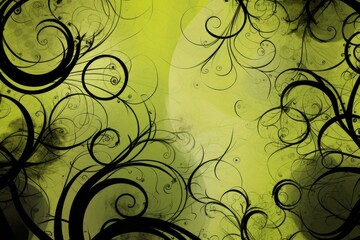 A vibrant green background with intricate black swirls