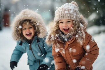 children in the snow in winter having fun and playing snow balls , AI Generated