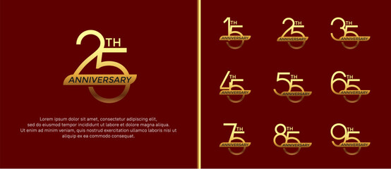 set of anniversary logo gold color and golden ribbon on red background for celebration moment