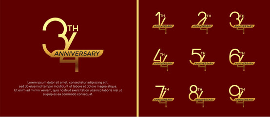 set of anniversary logo gold color and golden ribbon on red background for celebration moment
