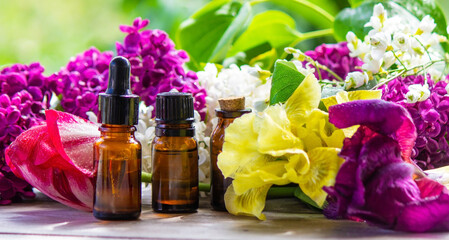 Essential oil extract of herbs and flowers. Selective focus