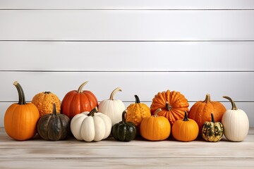 Harvest of different white, green and orange raw pumpkins. Pumpkins and leaves on rustic light wooden background. Thanksgiving day or Halloween concept. Beautiful holiday autumn backdrop