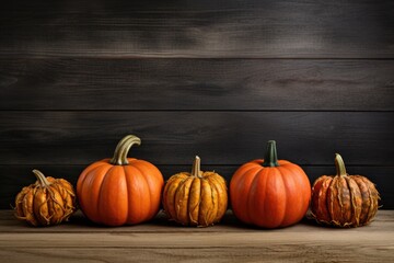 Harvest of different orange raw pumpkins. Pumpkins and leaves on rustic dark wooden background. Thanksgiving day or Halloween concept. Beautiful holiday autumn backdrop