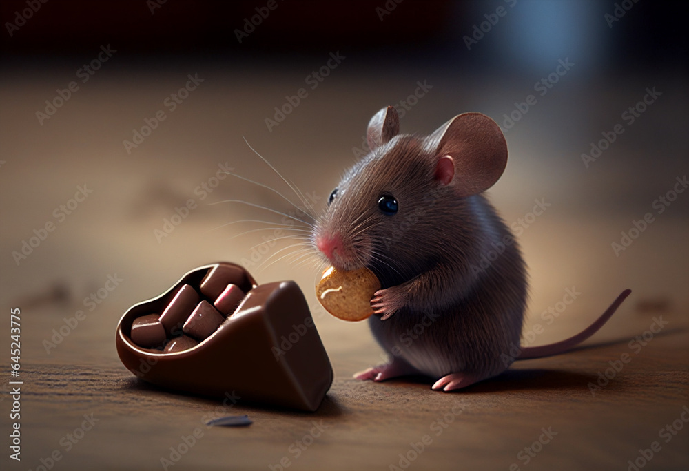 Wall mural brown mouse with chocolate candies on dark background. 3d illustration generative ai