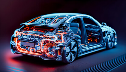 EV electric car system or futuristic automotive technology with connecting power control.super computer in modern machine.artificial intelligence development.