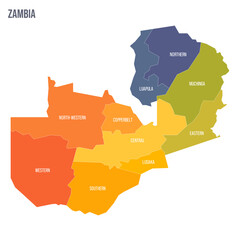 Zambia political map of administrative divisions - provinces. Colorful spectrum political map with labels and country name.